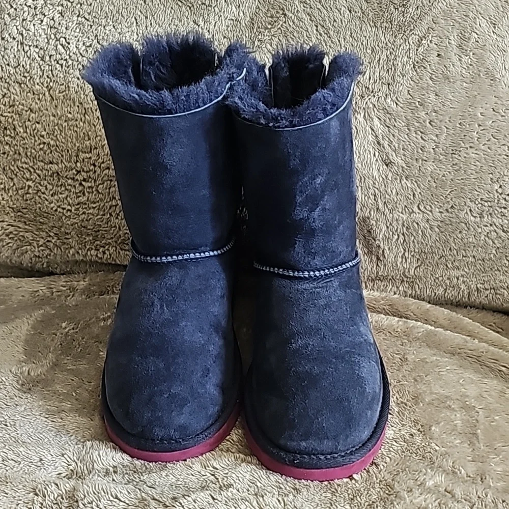 UGG Kids Navy Suede Shearling Boots with lavender Soles